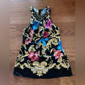 Cache Vintage Dark Floral Silk High Neck Sleeveless Blouse Medium Y2K Whimsigoth